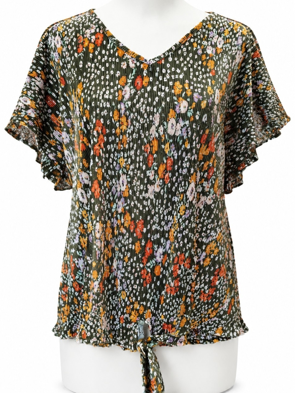 Olive Floral Tie-Front V-Neck Blouse